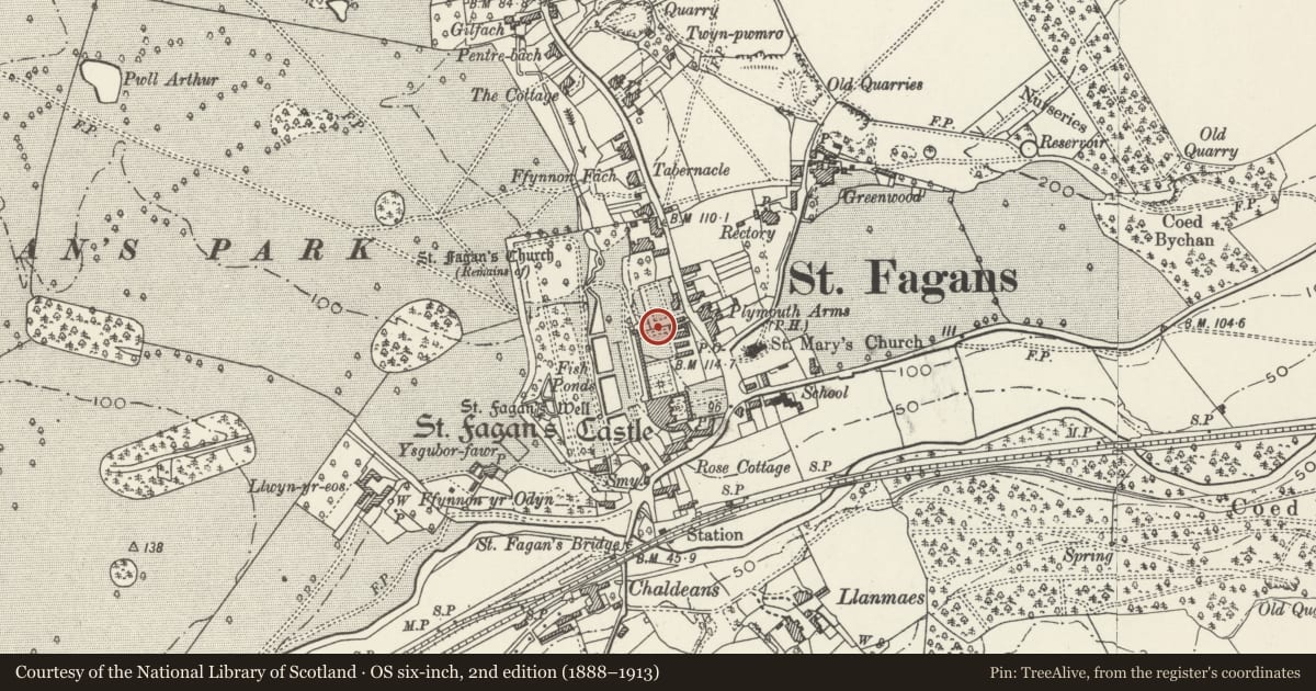 Ordnance Survey six-inch map, 2nd edition (1888–1913) covering the location of Wall bounding north side & part of east side of the Mulberry Garden to north of St Fagans Castle, St. Fagans, Cardiff, with a pin at the register's coordinates