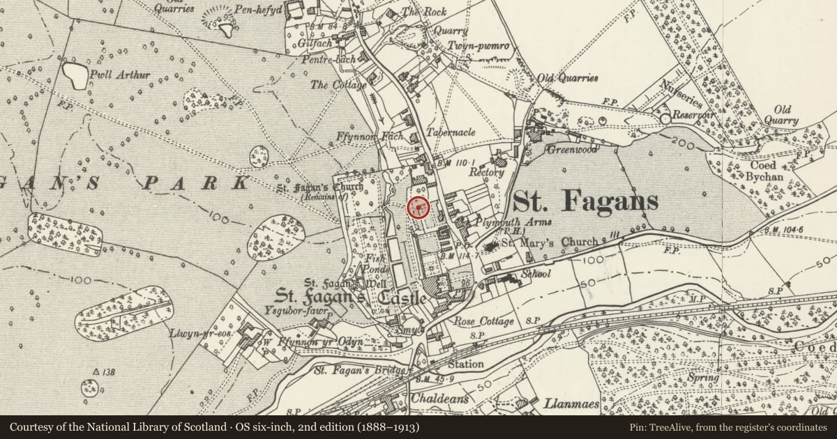 Ordnance Survey six-inch map, 2nd edition (1888–1913) covering the location of West and North Walls of the Gardens House enclosure, St. Fagans, Cardiff, with a pin at the register's coordinates