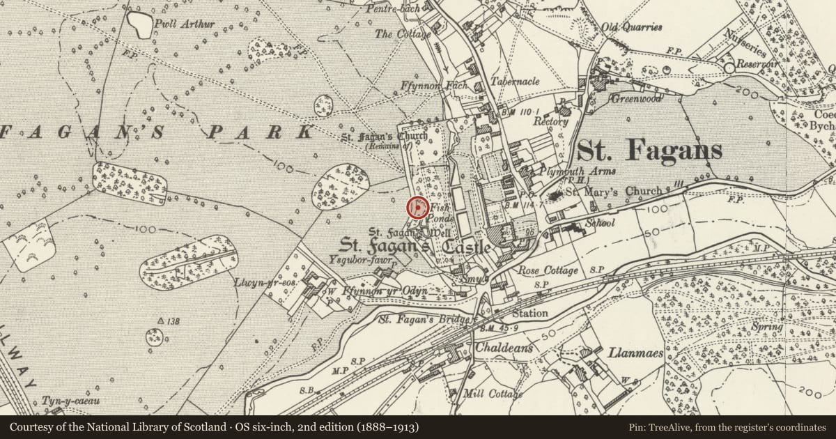 Ordnance Survey six-inch map, 2nd edition (1888–1913) covering the location of West & South Boundary Walls of Gardens to St Fagans Castle, St. Fagans, Cardiff, with a pin at the register's coordinates