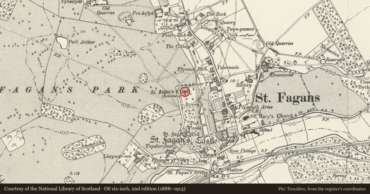 Ordnance Survey six-inch map, 2nd edition (1888–1913) covering the location of Stryd Lydan Barn, St. Fagans, Cardiff, with a pin at the register's coordinates