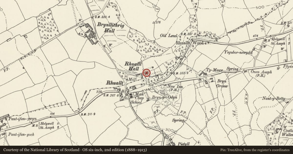 Ordnance Survey six-inch map, 2nd edition (1888–1913) covering the location of Rhuallt Hall, Cwm, Denbighshire, with a pin at the register's coordinates
