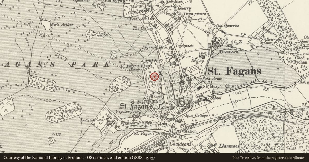 Ordnance Survey six-inch map, 2nd edition (1888–1913) covering the location of Wall extending west from near the Dovecote in the Garden of St Fagans Castle, St. Fagans, Cardiff, with a pin at the register's coordinates