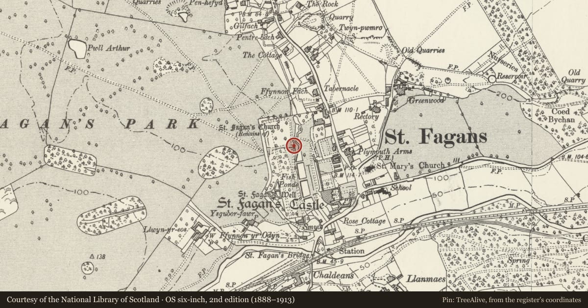 Ordnance Survey six-inch map, 2nd edition (1888–1913) covering the location of Dovecote in Gardens of St Fagans Castle, St. Fagans, Cardiff, with a pin at the register's coordinates