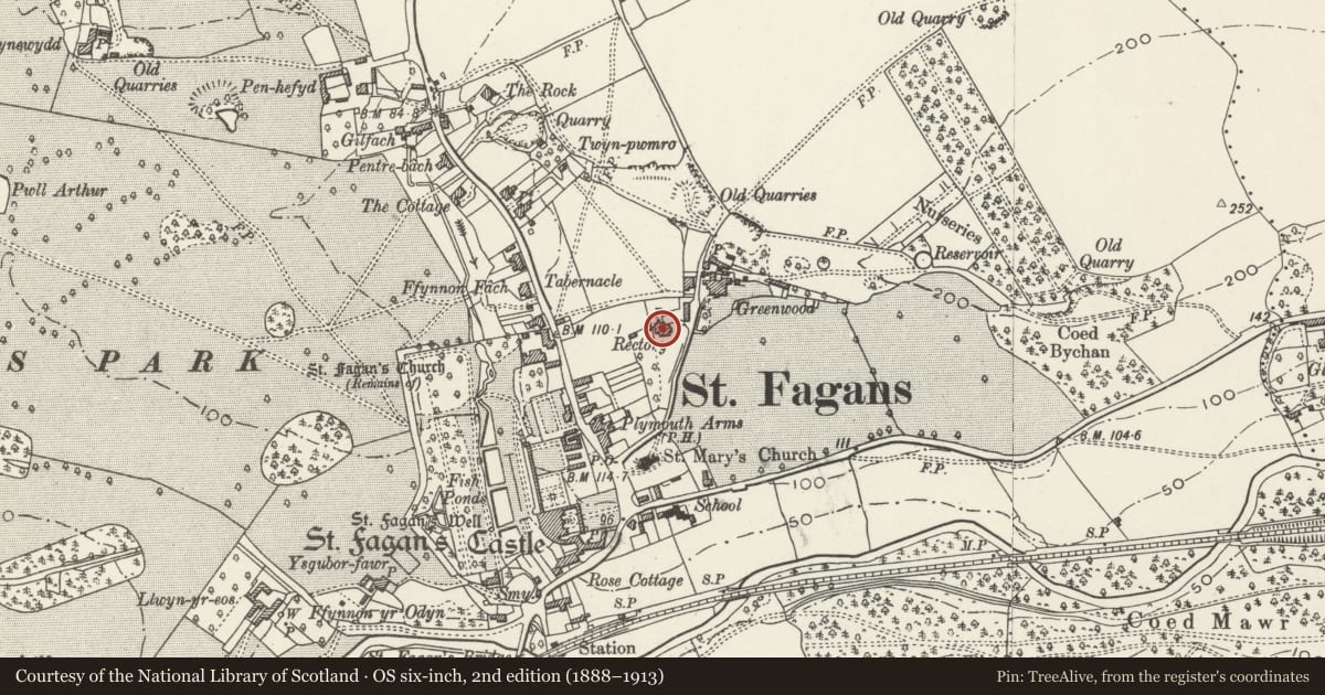 Ordnance Survey six-inch map, 2nd edition (1888–1913) covering the location of The Old Rectory, St. Fagans, Cardiff, with a pin at the register's coordinates