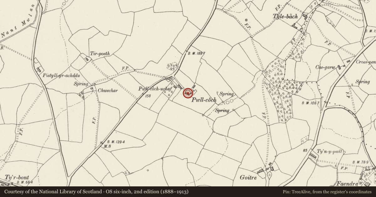 Ordnance Survey six-inch map, 2nd edition (1888–1913) covering the location of Pwll-coch farmhouse and adjoining barn, Old St. Mellons, Cardiff, with a pin at the register's coordinates