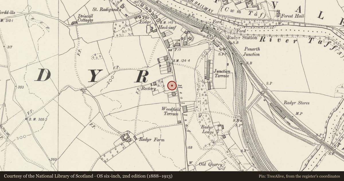 Ordnance Survey six-inch map, 2nd edition (1888–1913) covering the location of Church of Christ Church, Radyr and Morganstown, Cardiff, with a pin at the register's coordinates