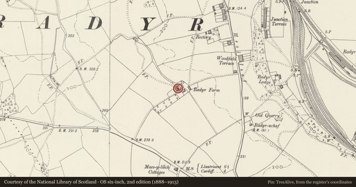Ordnance Survey six-inch map, 2nd edition (1888–1913) covering the location of Barn, cartshed and loft at Radyr Farm, Radyr and Morganstown, Cardiff, with a pin at the register's coordinates