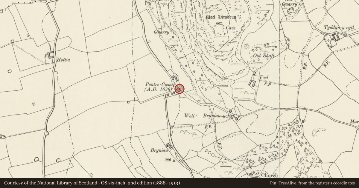 Ordnance Survey six-inch map, 2nd edition (1888–1913) covering the location of Pentre Cwm, Denbighshire, with a pin at the register's coordinates