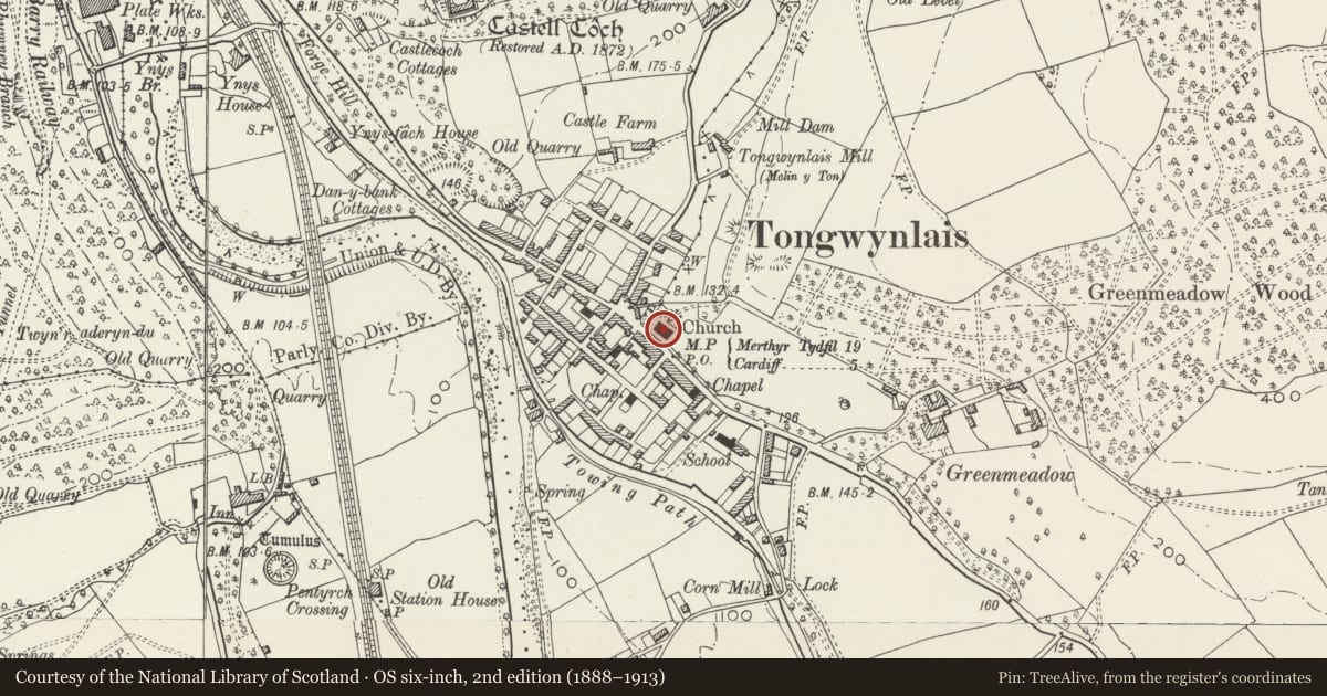 Ordnance Survey six-inch map, 2nd edition (1888–1913) covering the location of Church of St Michael and All Angels, Tongwynlais, Cardiff, with a pin at the register's coordinates