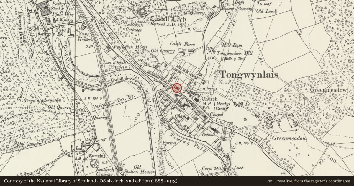 Ordnance Survey six-inch map, 2nd edition (1888–1913) covering the location of 4 Merthyr Road, Tongwynlais, Cardiff, with a pin at the register's coordinates
