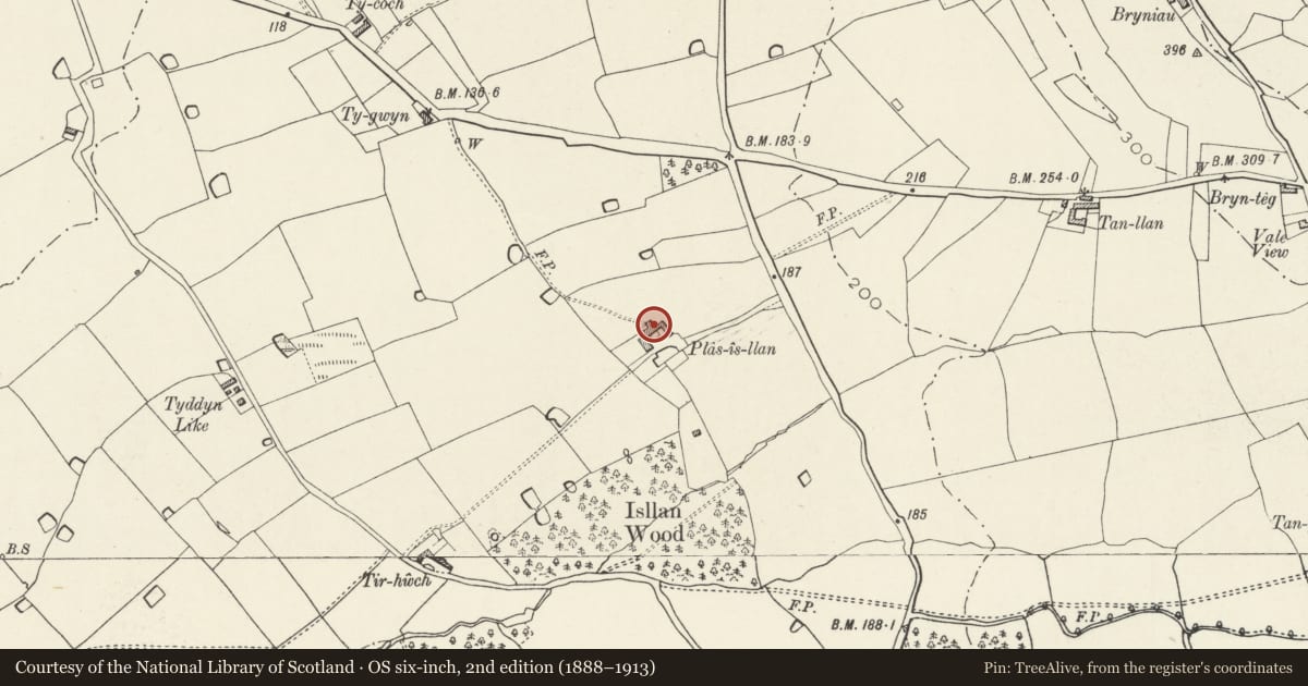 Ordnance Survey six-inch map, 2nd edition (1888–1913) covering the location of Plas-is-llan, Cwm, Denbighshire, with a pin at the register's coordinates