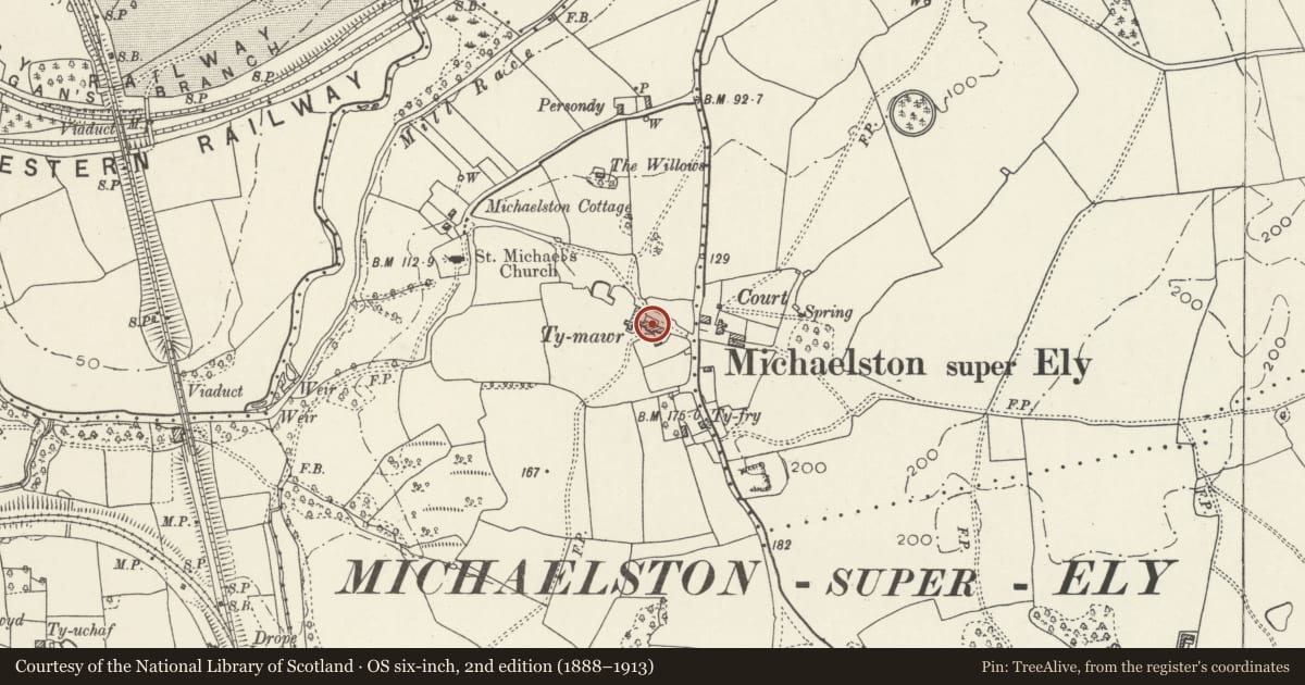 Ordnance Survey six-inch map, 2nd edition (1888–1913) covering the location of Great House Farmhouse and attached Barn, St. Fagans, Cardiff, with a pin at the register's coordinates