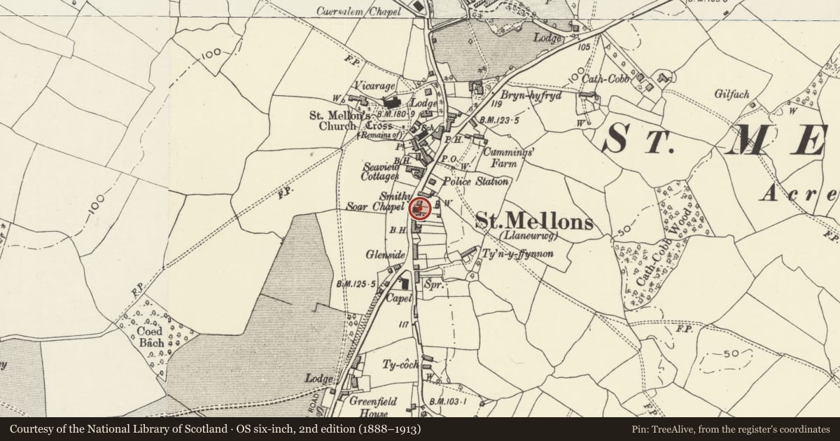 Ordnance Survey six-inch map, 2nd edition (1888–1913) covering the location of Kingdom Hall of Jehovah's Witnesses, Old St. Mellons, Cardiff, with a pin at the register's coordinates
