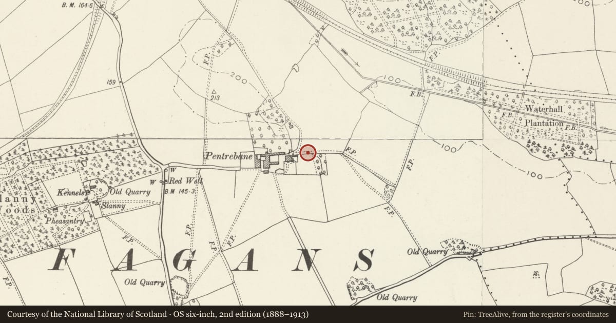 Ordnance Survey six-inch map, 2nd edition (1888–1913) covering the location of Garden Wall to east of Pentrebane Farmhouse, St. Fagans, Cardiff, with a pin at the register's coordinates