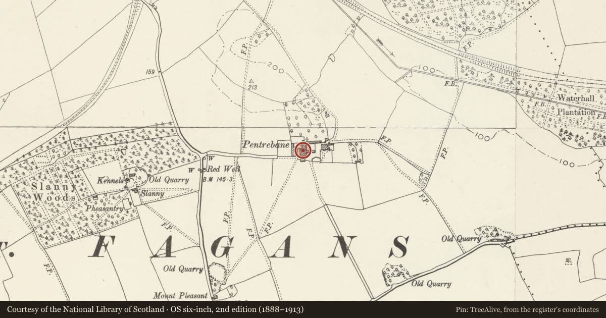 Ordnance Survey six-inch map, 2nd edition (1888–1913) covering the location of Barn to west of Pentrebane Farmhouse, St. Fagans, Cardiff, with a pin at the register's coordinates