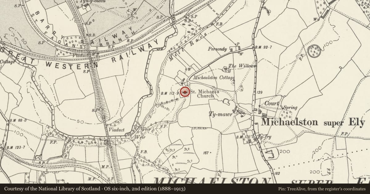 Ordnance Survey six-inch map, 2nd edition (1888–1913) covering the location of Church of St Michael, St. Fagans, Cardiff, with a pin at the register's coordinates