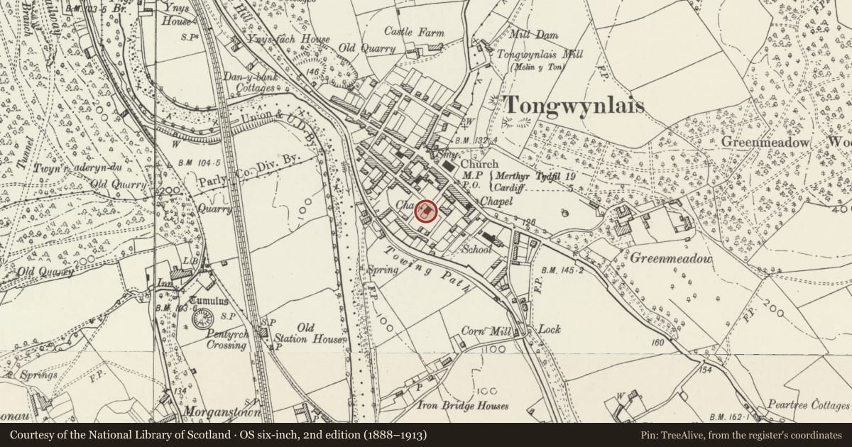 Ordnance Survey six-inch map, 2nd edition (1888–1913) covering the location of Hermon Calvinistic Methodist Chapel, Tongwynlais, Cardiff, with a pin at the register's coordinates
