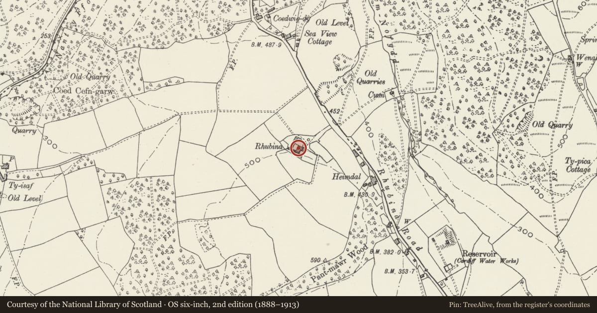 Ordnance Survey six-inch map, 2nd edition (1888–1913) covering the location of Rhiwbina Farmhouse, Tongwynlais, Cardiff, with a pin at the register's coordinates