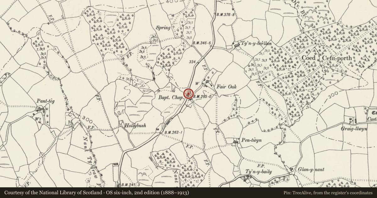 Ordnance Survey six-inch map, 2nd edition (1888–1913) covering the location of Outdoor Baptistry by Lisvane Baptist Chapel, Cardiff, with a pin at the register's coordinates