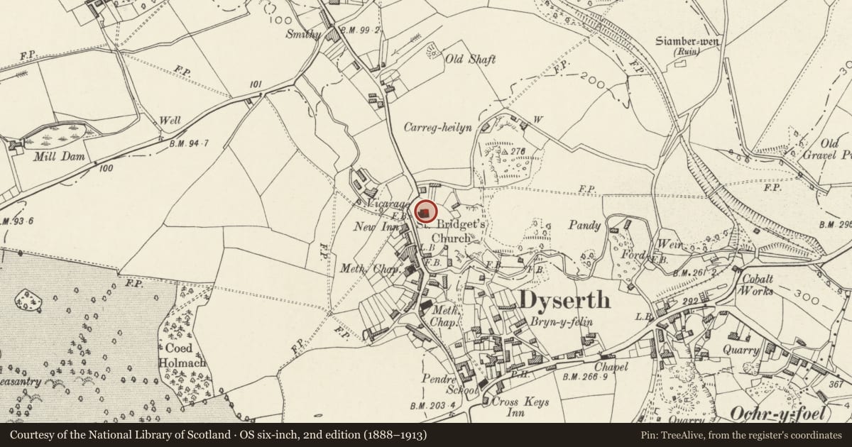 Ordnance Survey six-inch map, 2nd edition (1888–1913) covering the location of Church of St Bridget, Dyserth, Denbighshire, with a pin at the register's coordinates