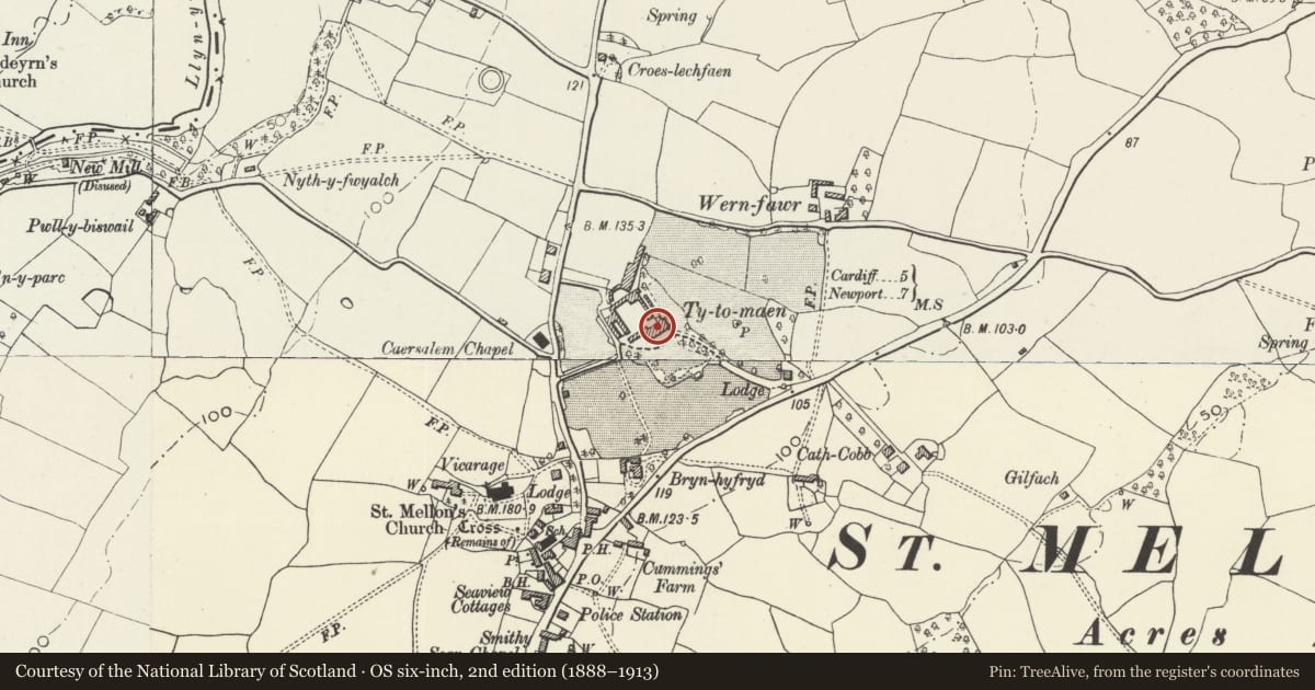 Ordnance Survey six-inch map, 2nd edition (1888–1913) covering the location of St John's College (formerly Ty-to-Maen), Old St. Mellons, Cardiff, with a pin at the register's coordinates