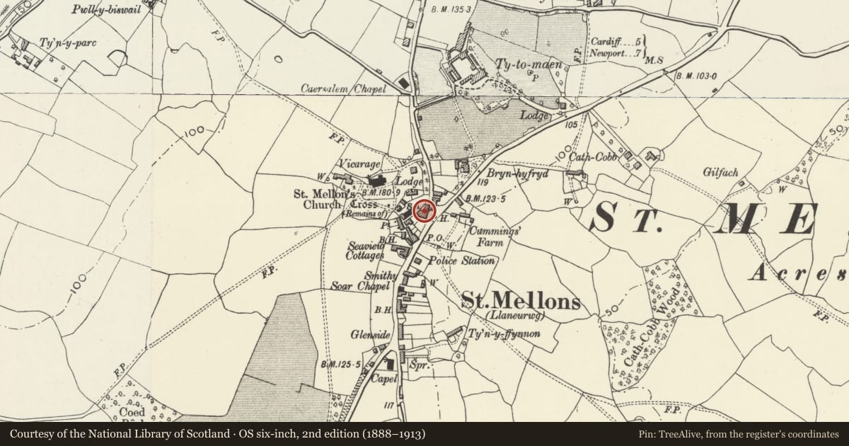 Ordnance Survey six-inch map, 2nd edition (1888–1913) covering the location of The White Hart PH, Old St. Mellons, Cardiff, with a pin at the register's coordinates