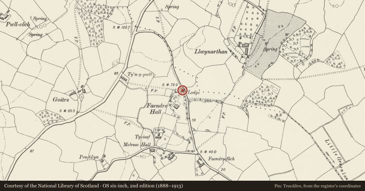 Ordnance Survey six-inch map, 2nd edition (1888–1913) covering the location of Lodge at Faendre Hall, Trowbridge, Cardiff, with a pin at the register's coordinates