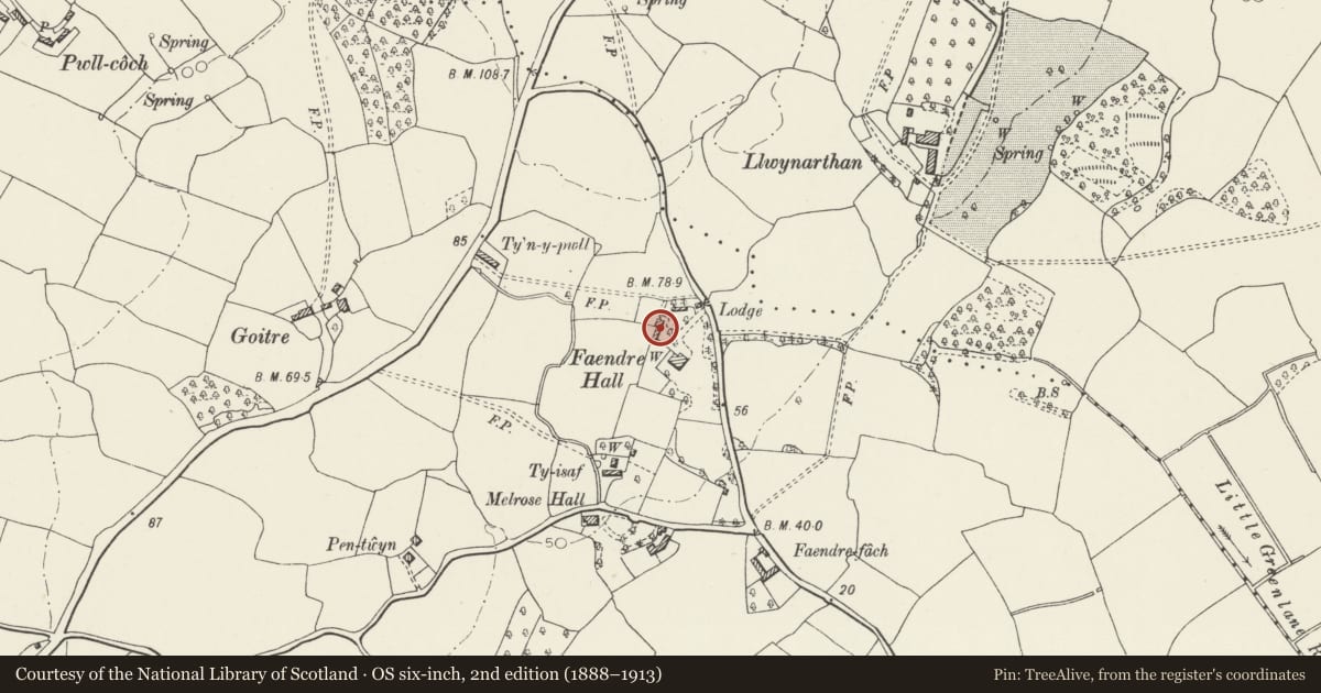 Ordnance Survey six-inch map, 2nd edition (1888–1913) covering the location of Former Stable Block at Faendre Hall, Trowbridge, Cardiff, with a pin at the register's coordinates