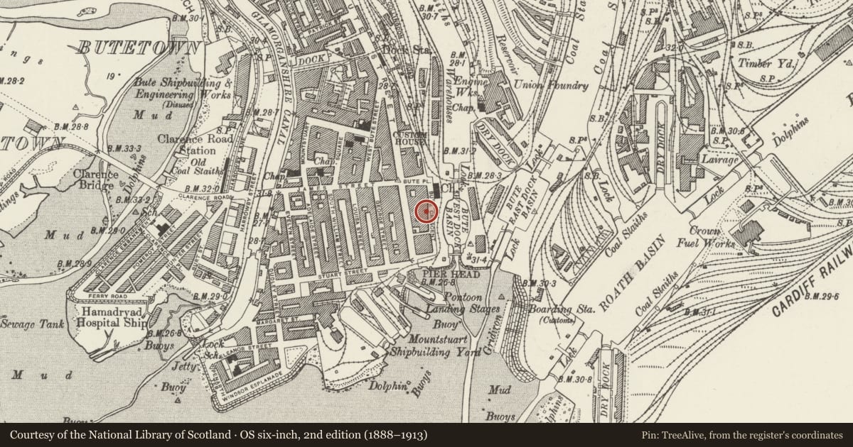 Ordnance Survey six-inch map, 2nd edition (1888–1913) covering the location of 6 Bute Crescent, Butetown, Cardiff, with a pin at the register's coordinates