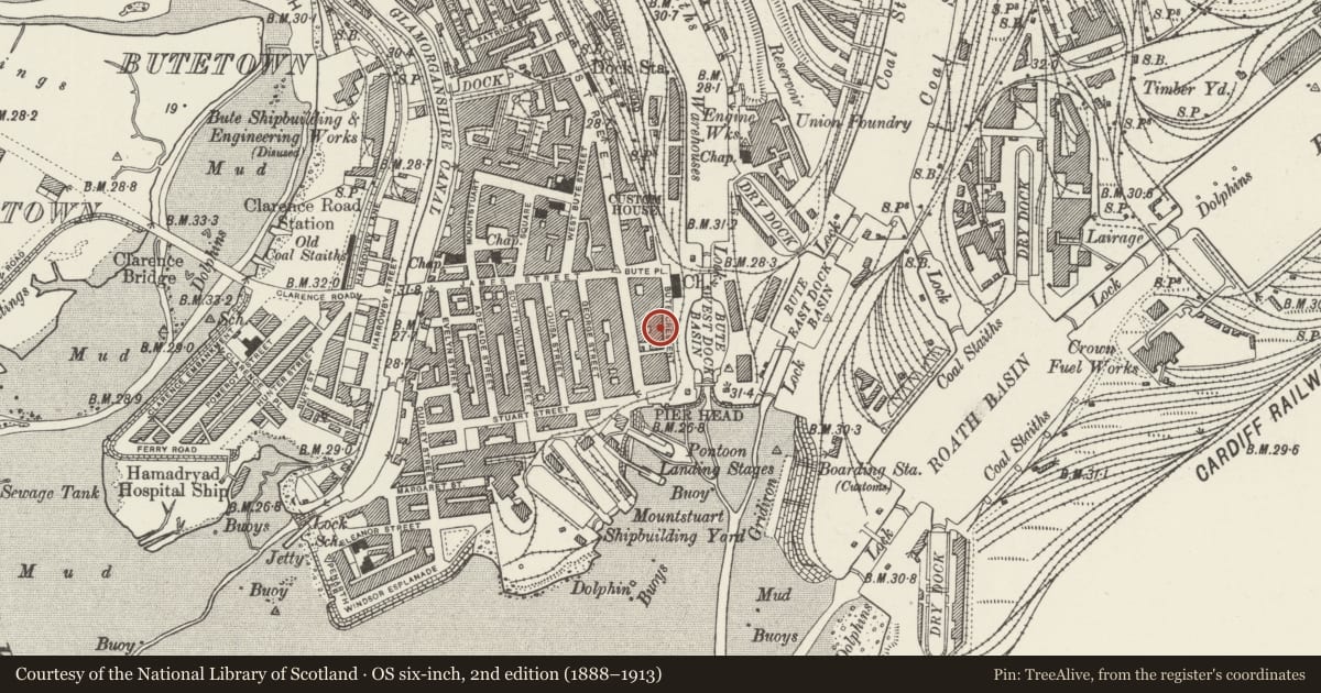 Ordnance Survey six-inch map, 2nd edition (1888–1913) covering the location of 8 Bute Crescent, Butetown, Cardiff, with a pin at the register's coordinates