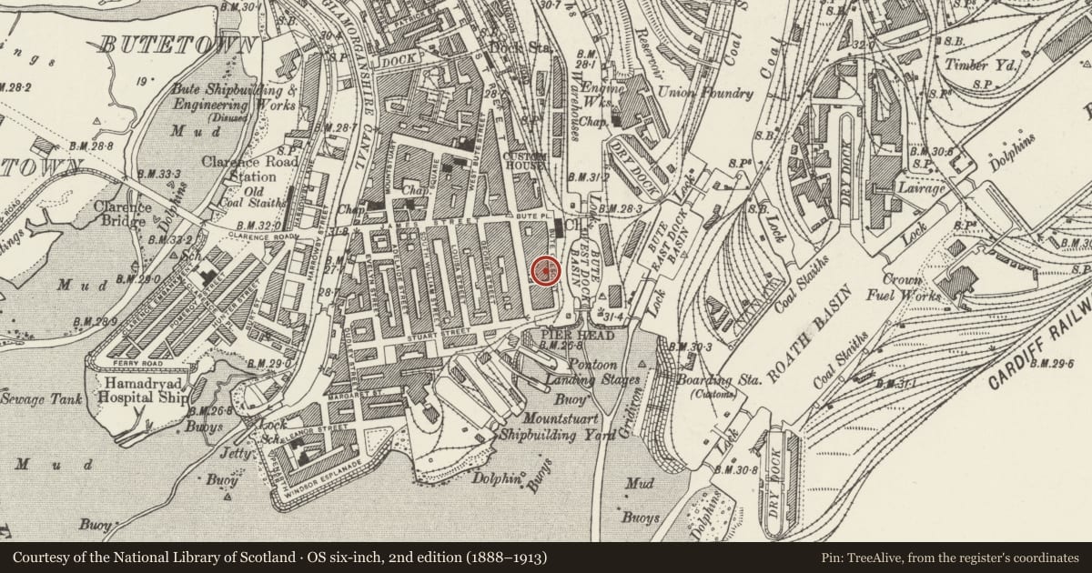Ordnance Survey six-inch map, 2nd edition (1888–1913) covering the location of Ocean Building, Butetown, Cardiff, with a pin at the register's coordinates