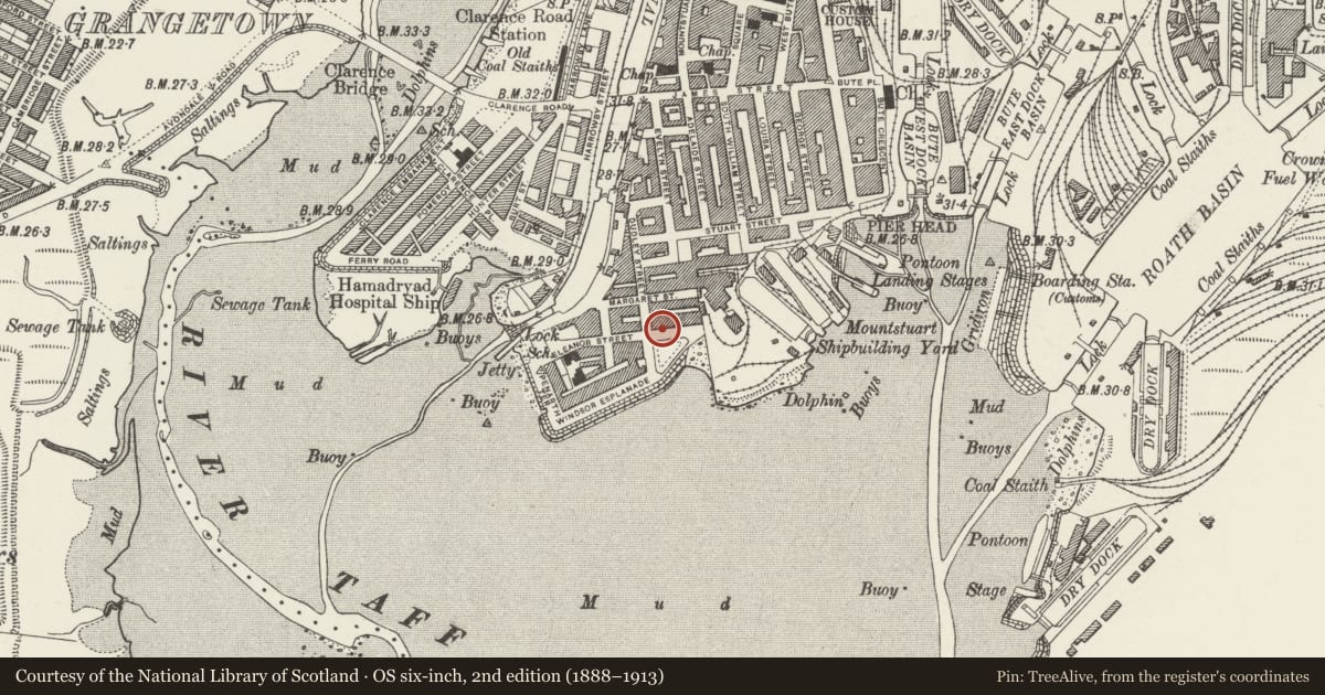 Ordnance Survey six-inch map, 2nd edition (1888–1913) covering the location of 3 Bute Esplanade, Butetown, Cardiff, with a pin at the register's coordinates