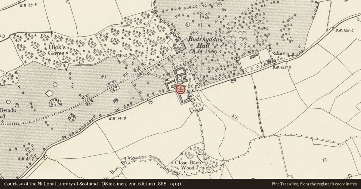 Ordnance Survey six-inch map, 2nd edition (1888–1913) covering the location of Gatepiers of former entrance to Bodwyddan Hall, Rhuddlan, Denbighshire, with a pin at the register's coordinates