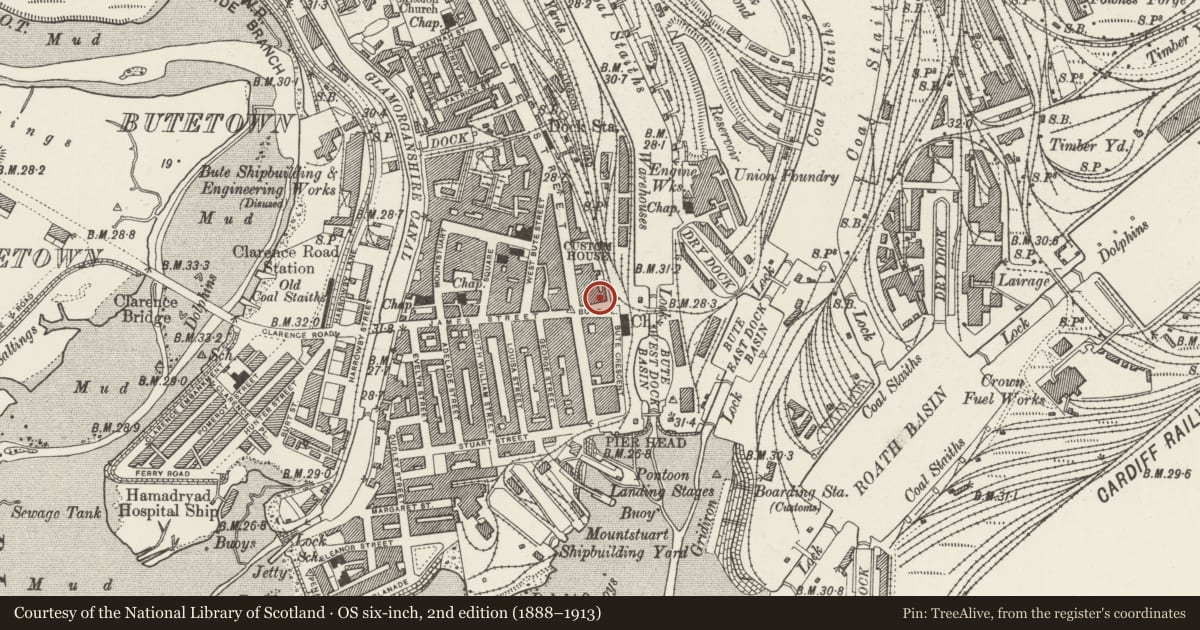 Ordnance Survey six-inch map, 2nd edition (1888–1913) covering the location of 1 Bute Place, Butetown, Cardiff, with a pin at the register's coordinates
