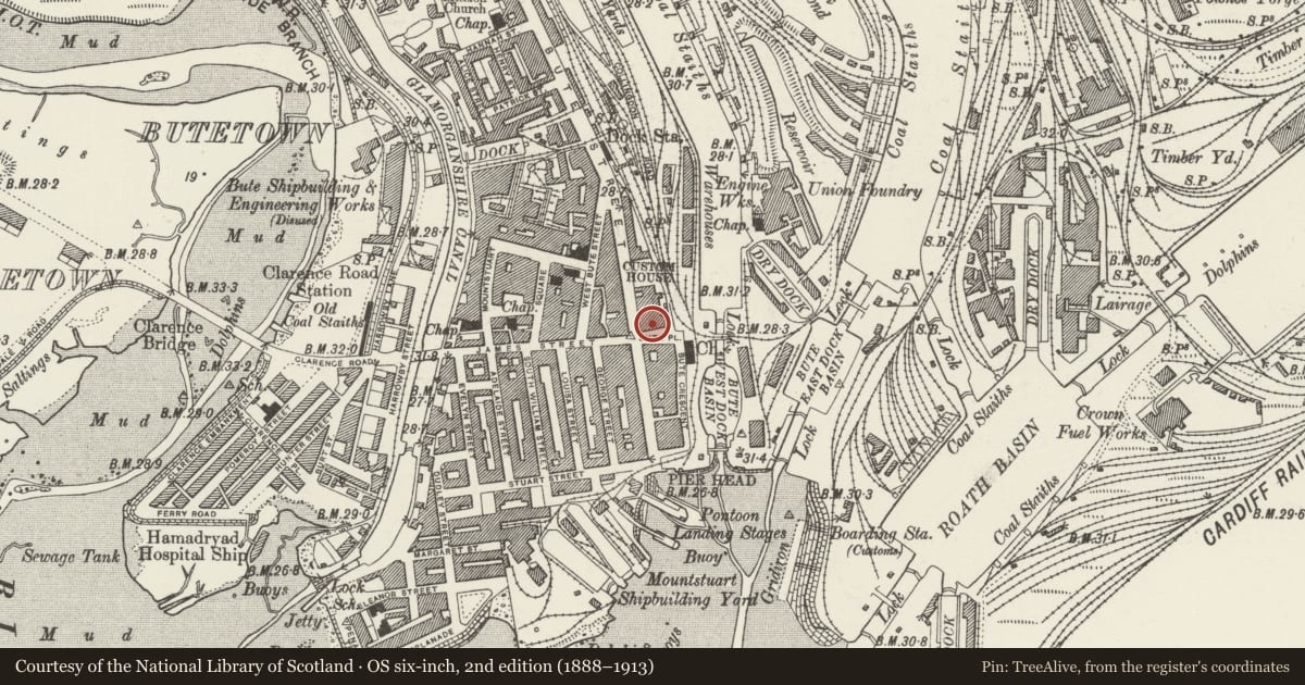 Ordnance Survey six-inch map, 2nd edition (1888–1913) covering the location of 3 Bute Place, Butetown, Cardiff, with a pin at the register's coordinates