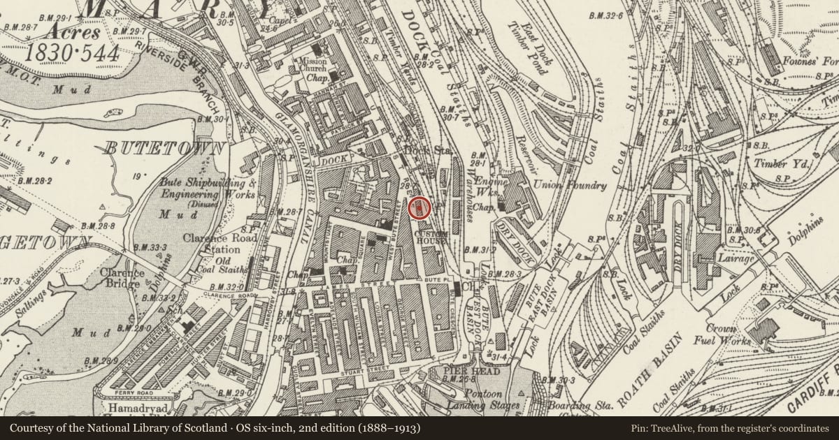 Ordnance Survey six-inch map, 2nd edition (1888–1913) covering the location of 54b Bute Street, Butetown, Cardiff, with a pin at the register's coordinates