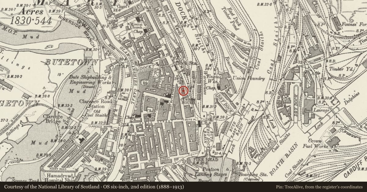 Ordnance Survey six-inch map, 2nd edition (1888–1913) covering the location of 54c Bute Street, Butetown, Cardiff, with a pin at the register's coordinates