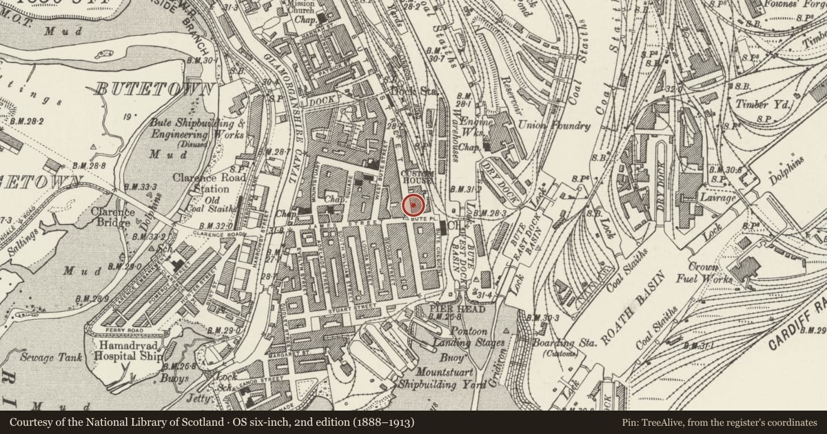Ordnance Survey six-inch map, 2nd edition (1888–1913) covering the location of Cory's Building, Butetown, Cardiff, with a pin at the register's coordinates