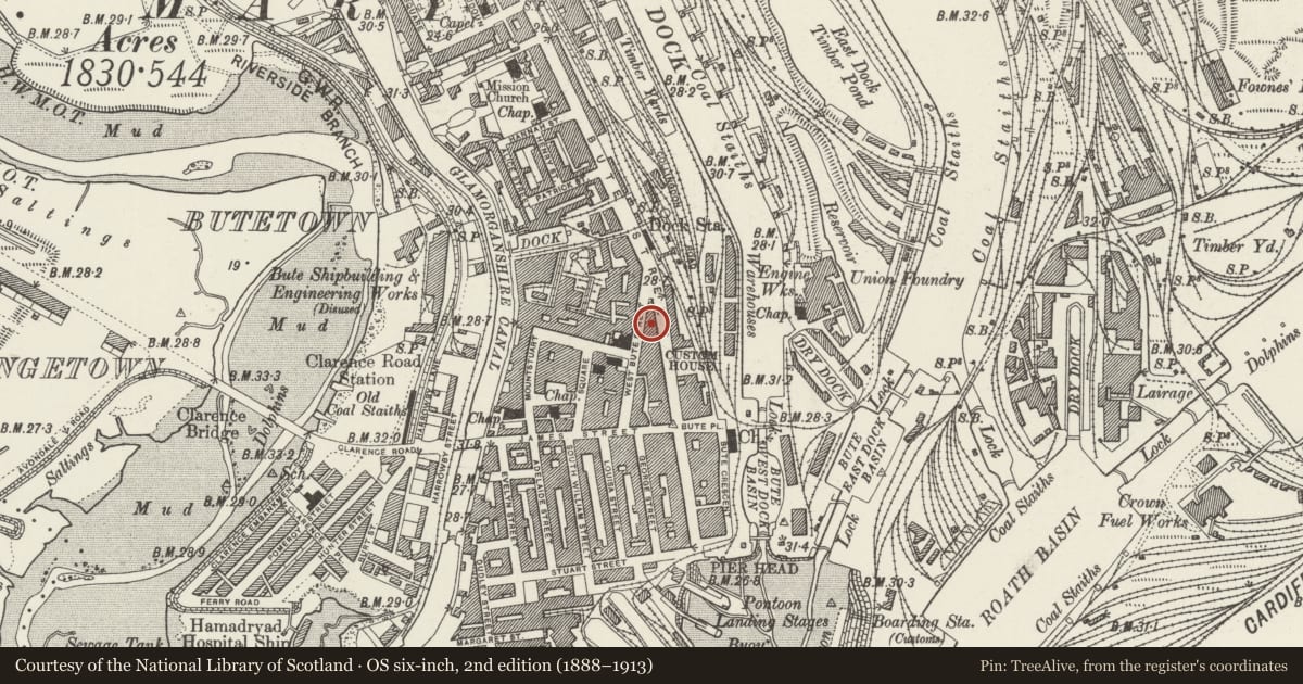 Ordnance Survey six-inch map, 2nd edition (1888–1913) covering the location of 122 Bute Street, Butetown, Cardiff, with a pin at the register's coordinates