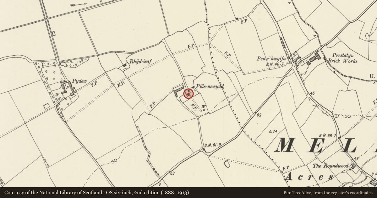 Ordnance Survey six-inch map, 2nd edition (1888–1913) covering the location of Plasnewydd Farmhouse, Prestatyn, Denbighshire, with a pin at the register's coordinates