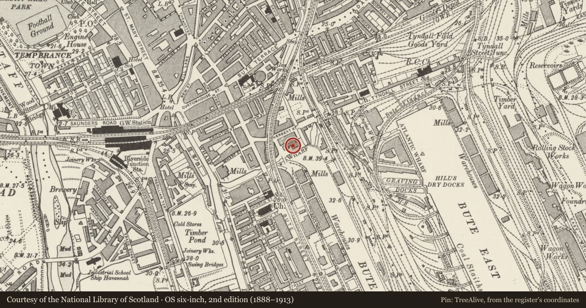 Ordnance Survey six-inch map, 2nd edition (1888–1913) covering the location of Warehouse Adjacent to Marquess of Bute's Warehouse, Butetown, Cardiff, with a pin at the register's coordinates