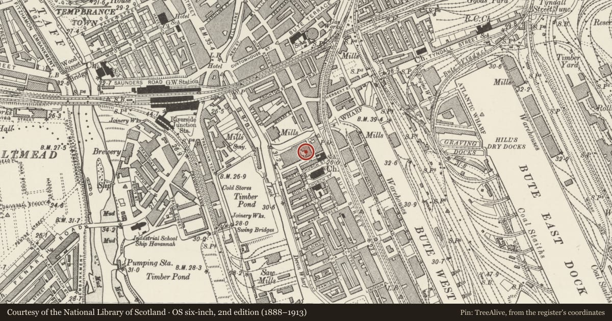 Ordnance Survey six-inch map, 2nd edition (1888–1913) covering the location of Greek Orthodox Church of St Nicholas, Butetown, Cardiff, with a pin at the register's coordinates