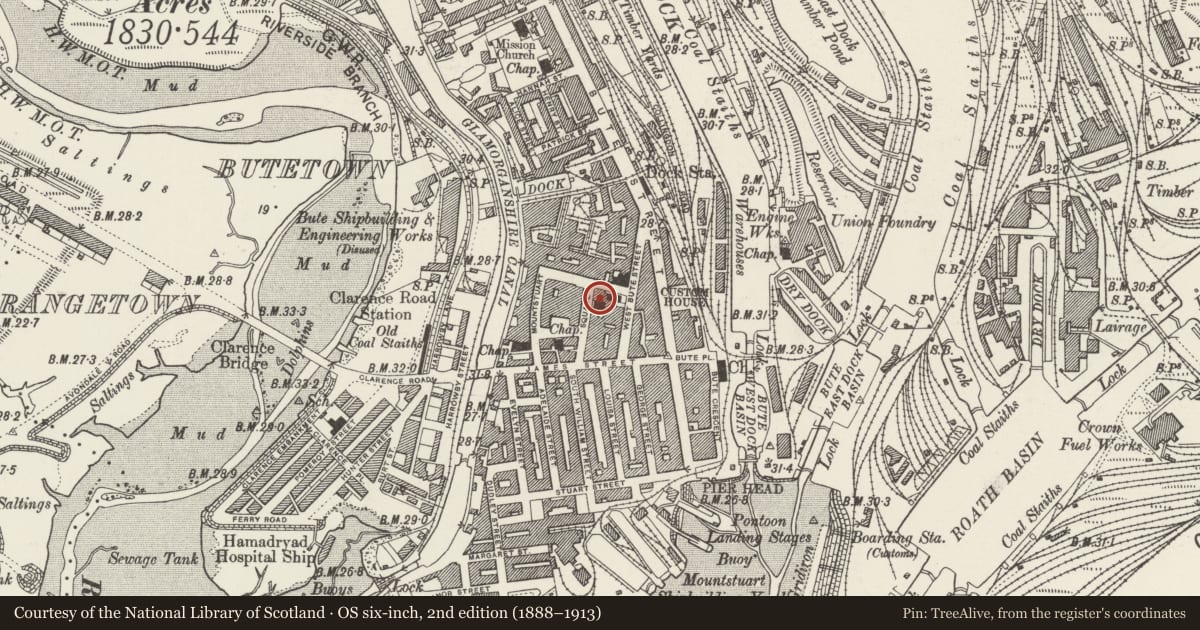 Ordnance Survey six-inch map, 2nd edition (1888–1913) covering the location of Lloyd's Bank, Butetown, Cardiff, with a pin at the register's coordinates