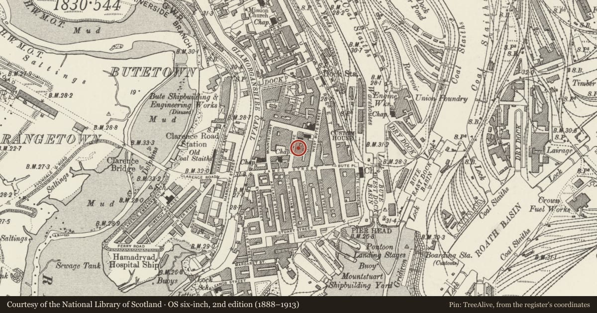 Ordnance Survey six-inch map, 2nd edition (1888–1913) covering the location of 6 Mount Stuart Square, Butetown, Cardiff, with a pin at the register's coordinates