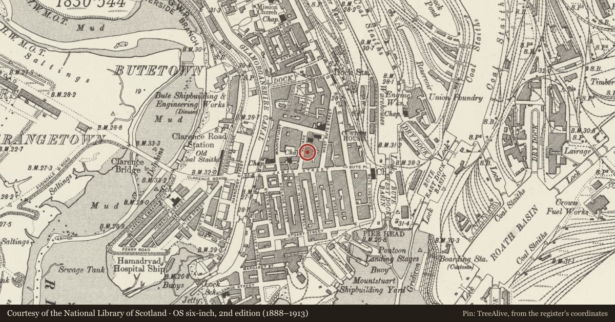 Ordnance Survey six-inch map, 2nd edition (1888–1913) covering the location of 8 Mount Stuart Square, Butetown, Cardiff, with a pin at the register's coordinates