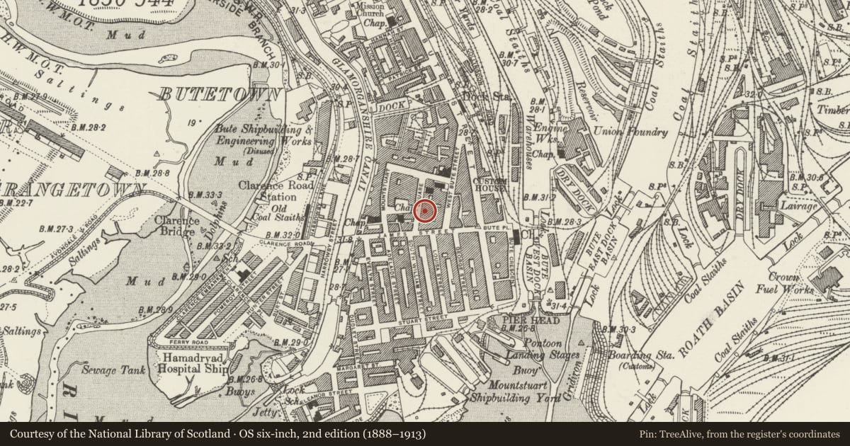 Ordnance Survey six-inch map, 2nd edition (1888–1913) covering the location of 9 Mount Stuart Square, Butetown, Cardiff, with a pin at the register's coordinates