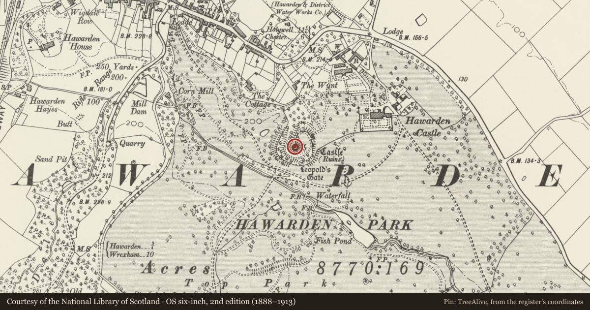Ordnance Survey six-inch map, 2nd edition (1888–1913) covering the location of Hawarden Castle (Old), Flintshire, with a pin at the register's coordinates