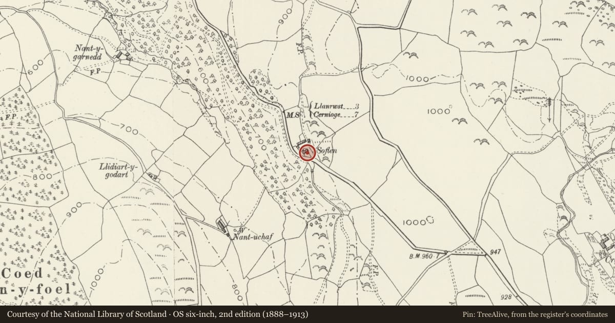 Ordnance Survey six-inch map, 2nd edition (1888–1913) covering the location of Soflen Farmhouse, Bro Garmon, Conwy, with a pin at the register's coordinates