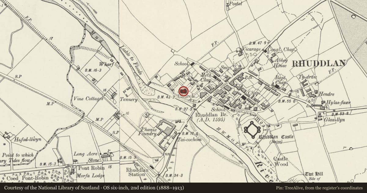 Ordnance Survey six-inch map, 2nd edition (1888–1913) covering the location of Church of Saint Mary, Rhuddlan, Denbighshire, with a pin at the register's coordinates