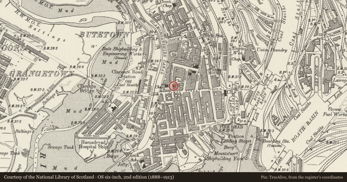 Ordnance Survey six-inch map, 2nd edition (1888–1913) covering the location of Marine House, Butetown, Cardiff, with a pin at the register's coordinates